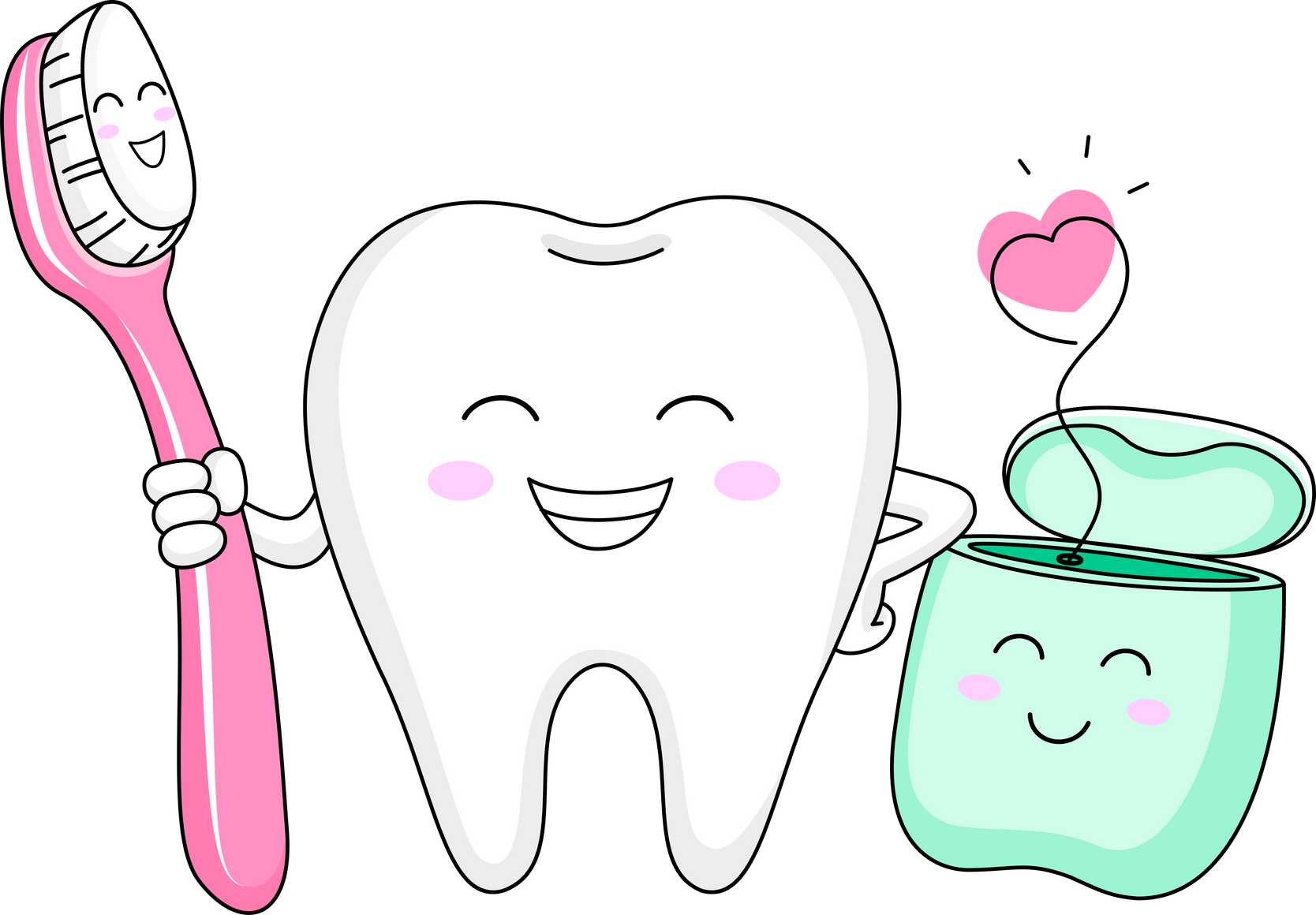 Cartoon Tooth Character With Dental Floss And Toothbrush